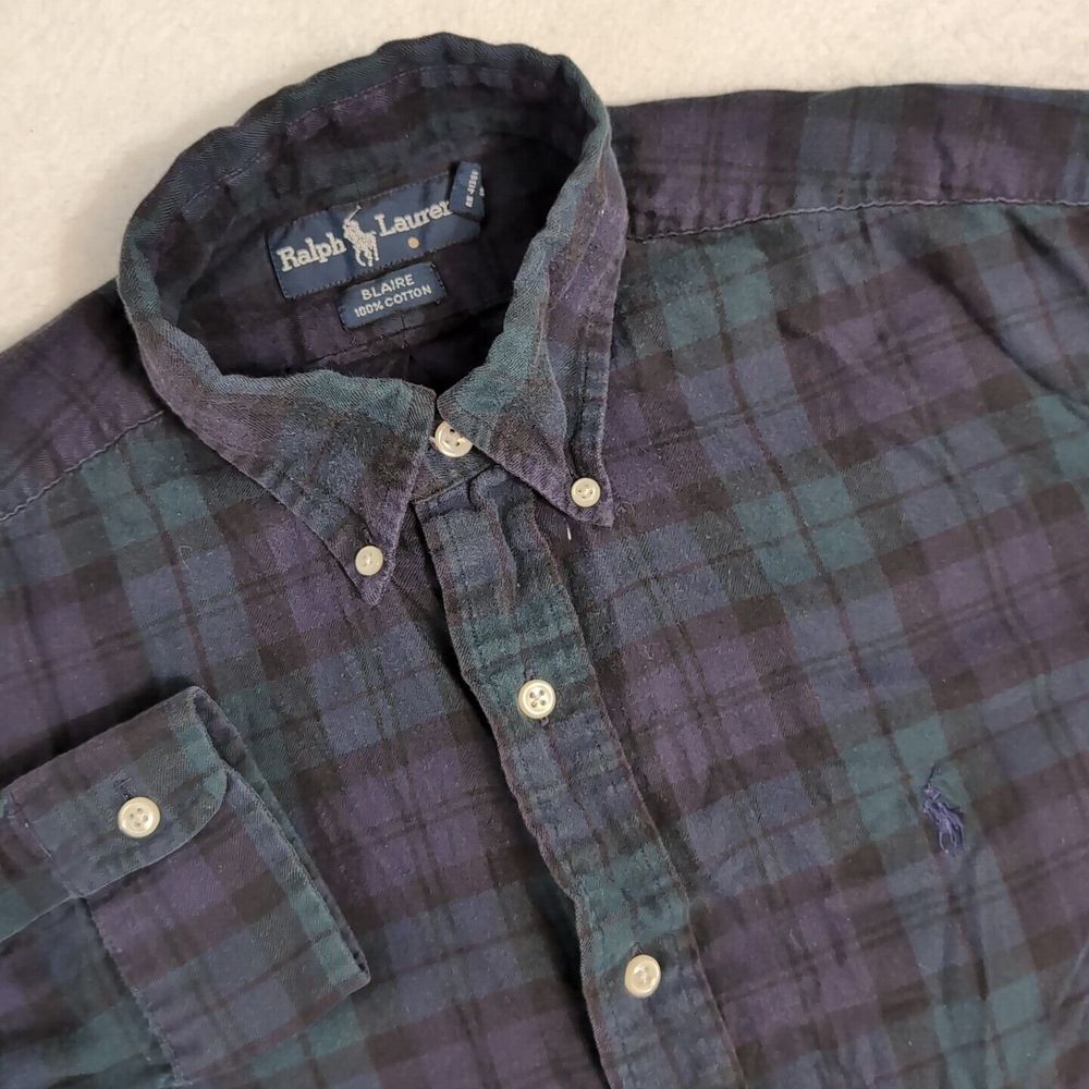 Polo Ralph Lauren Shirt Mens Sm Blue Green Plaid Long Sleeve Cotton Soft Cloth